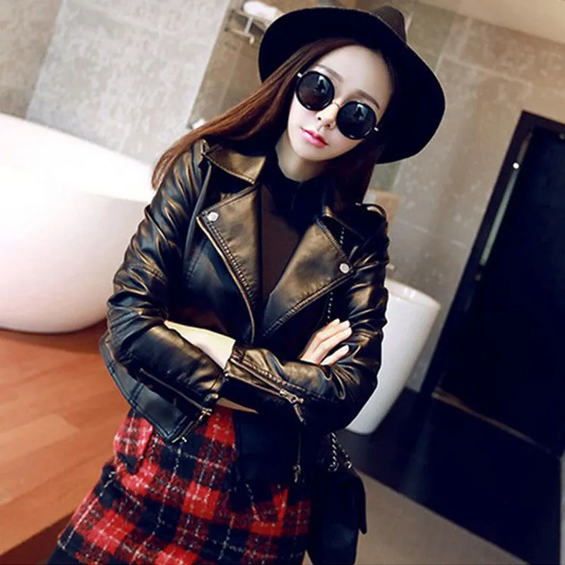 2016 Spring Autumn Faux Leather Jackets Women Short Slim PU Jacket Female Casual Motorcycle Leather Coat Good Quality