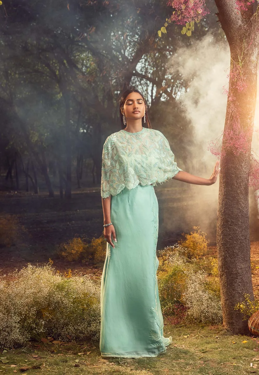 Aqua Blue And Green Skirt With Cape And Bustier