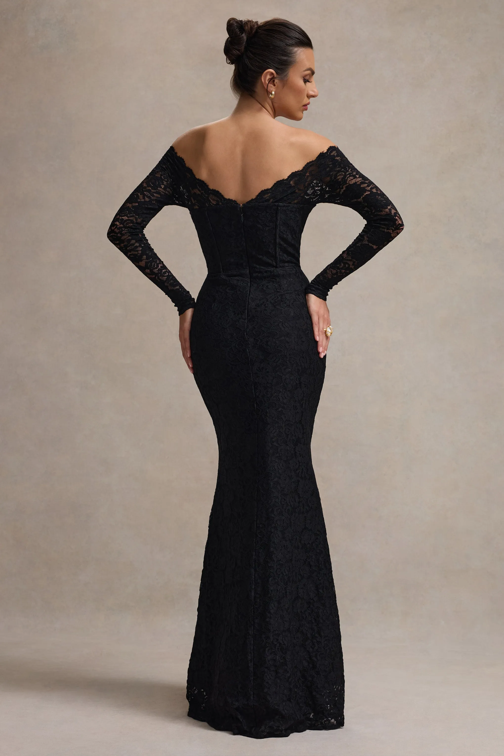 Astoria | Black Lace Bardot Maxi Dress With Chiffon Skirt