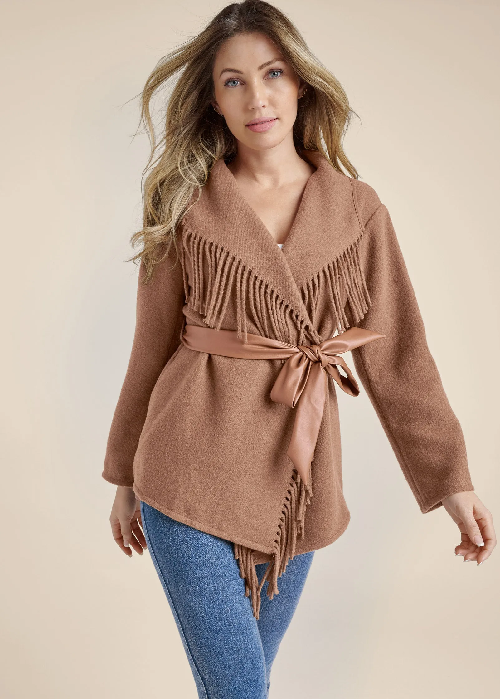 Belted Fringe Coat - Camel