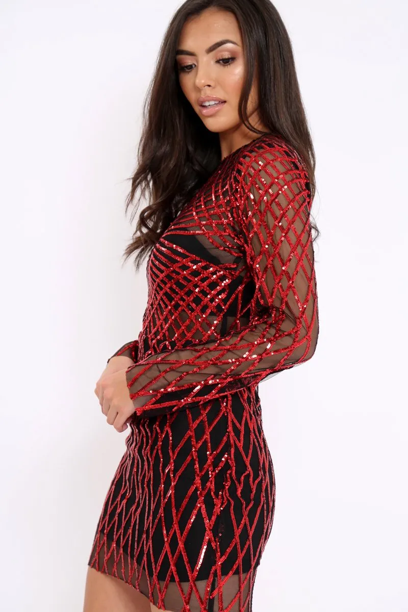 Black and Red Sequin Bodycon Dress - Lexy