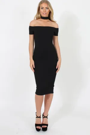 Black Choker Bardot Bodycon Dress - Thea