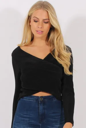 Black Pleated Wrap Over Crop Top - Imogen