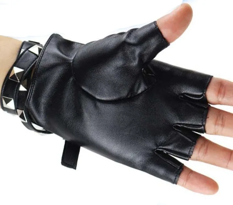 Black Vegan Leather Fingerless Half Wrap Finger Gloves w/ Silver Pyramid Studs