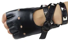 Black Vegan Leather Fingerless Half Wrap Finger Gloves w/ Silver Pyramid Studs