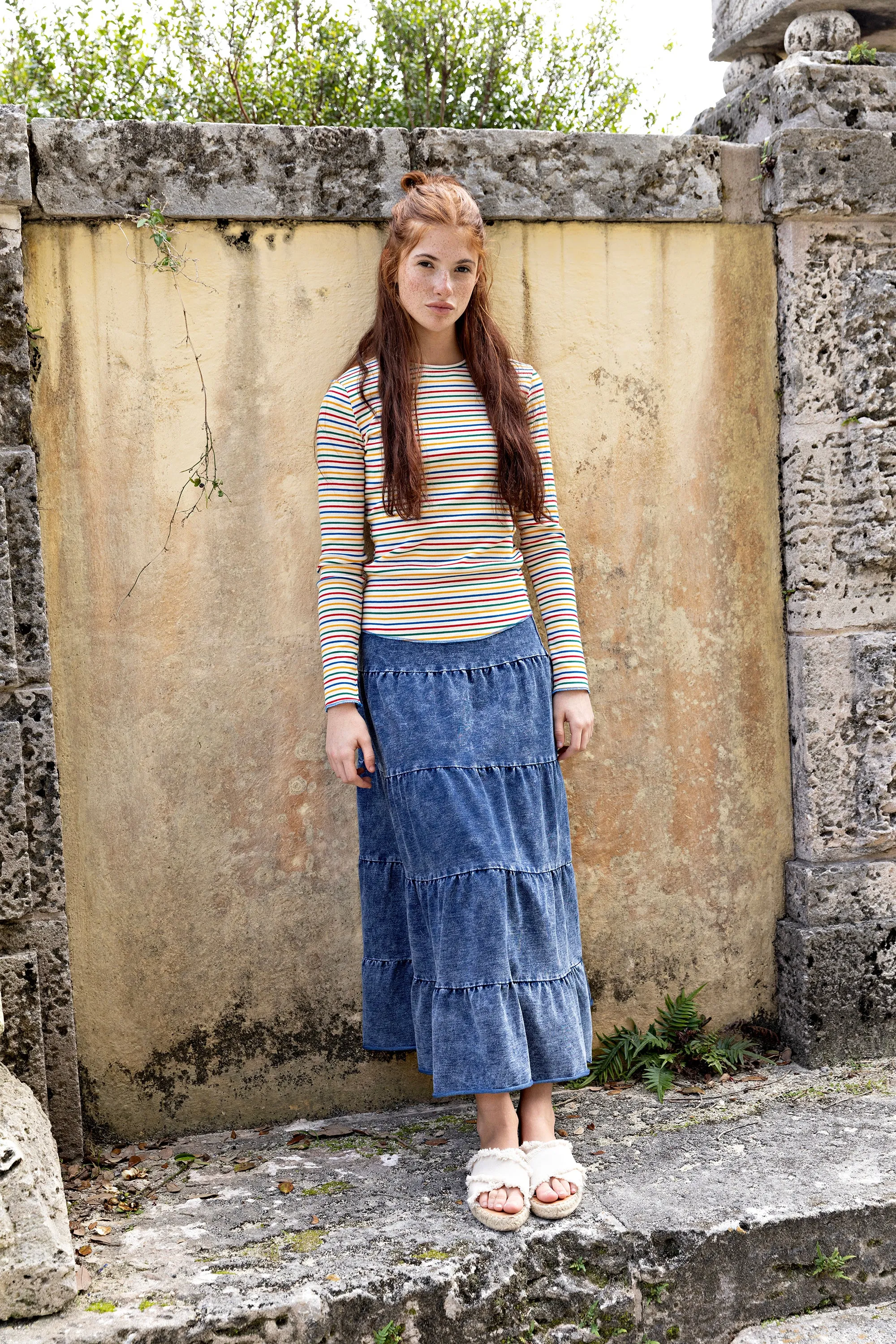 Blue Denim Jersey Maxi Tiered Skirt