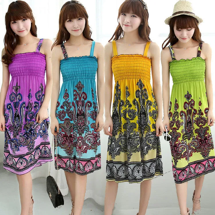 Bohemian Floral Dress Printed Milk Silk Plus Size Beach Dress Suspender Dress For Women