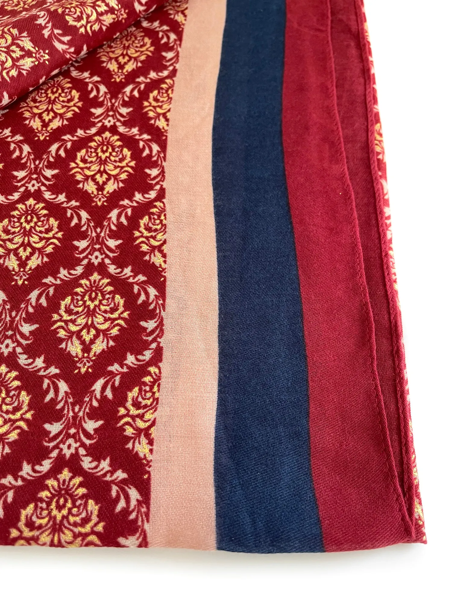 BURGUNDY METALLIC PAISLEY PRINT PASHMINA SHAWL SCARF WITH STRIPES