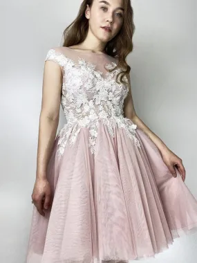 Cap Sleeves Round Neck Short Pink Lace Prom, Pink Lace Homecoming, Pink Short Formal Graduation Evening