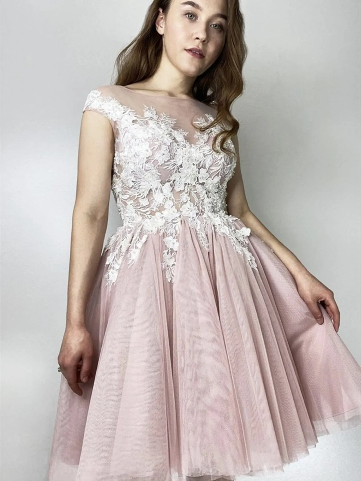 Cap Sleeves Round Neck Short Pink Lace Prom, Pink Lace Homecoming, Pink Short Formal Graduation Evening