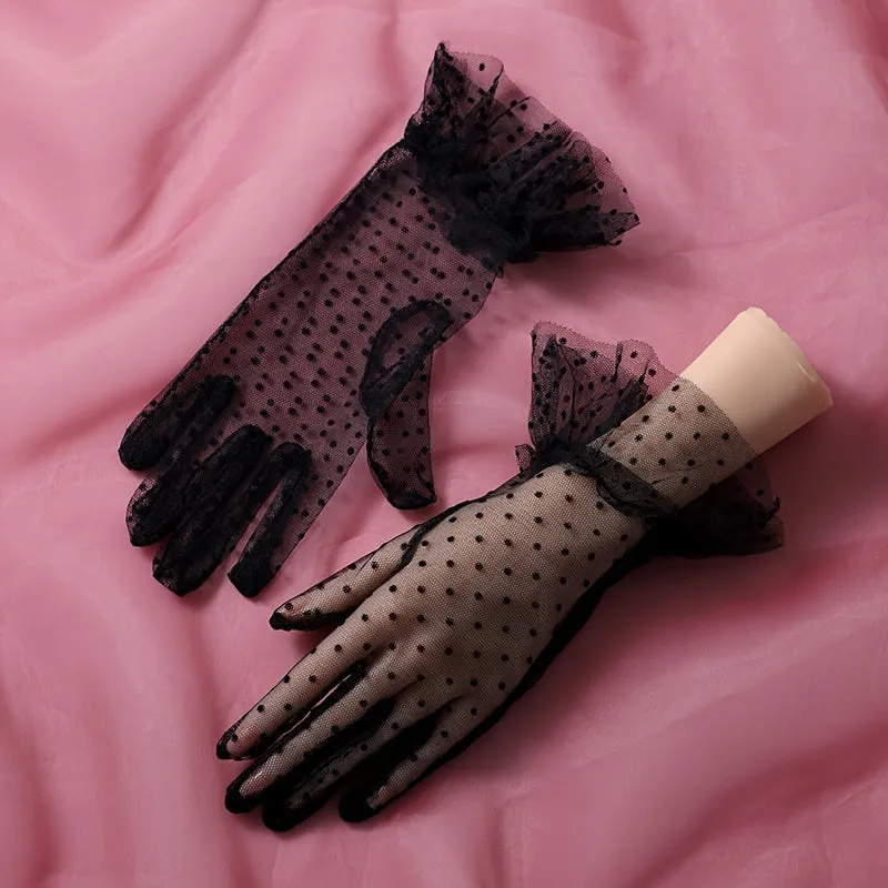 Chic Black Polka Dot Lace Mesh Bridal Wedding Gloves