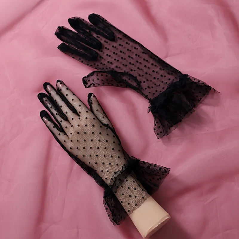 Chic Black Polka Dot Lace Mesh Bridal Wedding Gloves