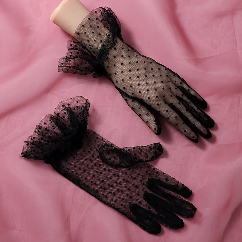 Chic Black Polka Dot Lace Mesh Bridal Wedding Gloves