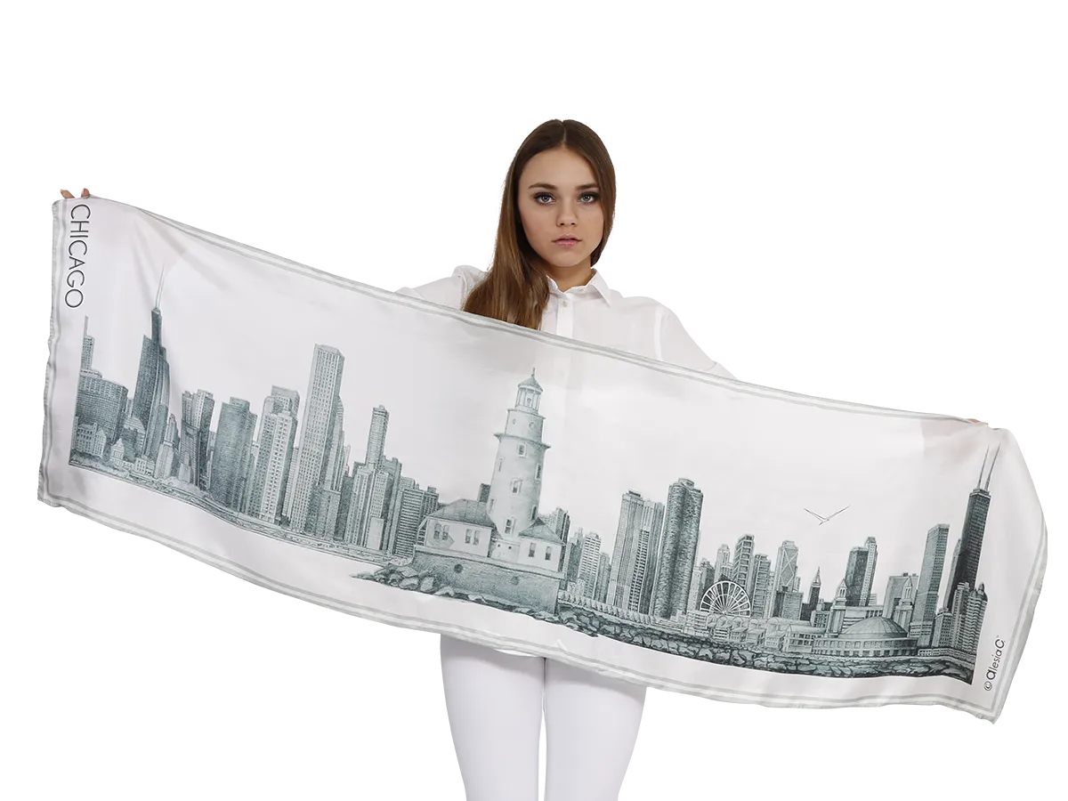 CHICAGO Skyline Art 100% Silk Stole Scarf in Grey White