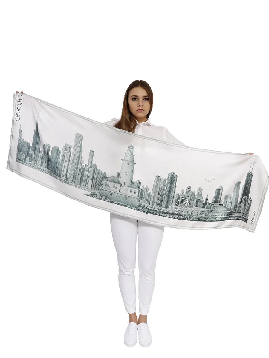 CHICAGO Skyline Art 100% Silk Stole Scarf in Grey White