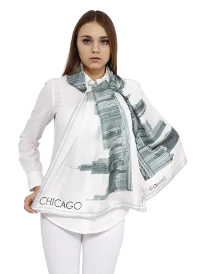 CHICAGO Skyline Art 100% Silk Stole Scarf in Grey White