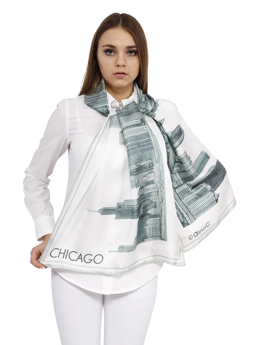 CHICAGO Skyline Art 100% Silk Stole Scarf in Grey White