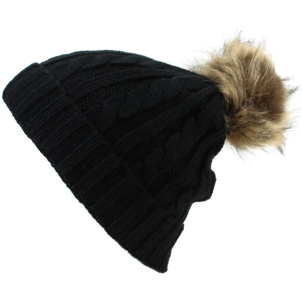 Childrens Cable Knit Beanie Hat with Faux Fur Bobble and Turn-up - Black