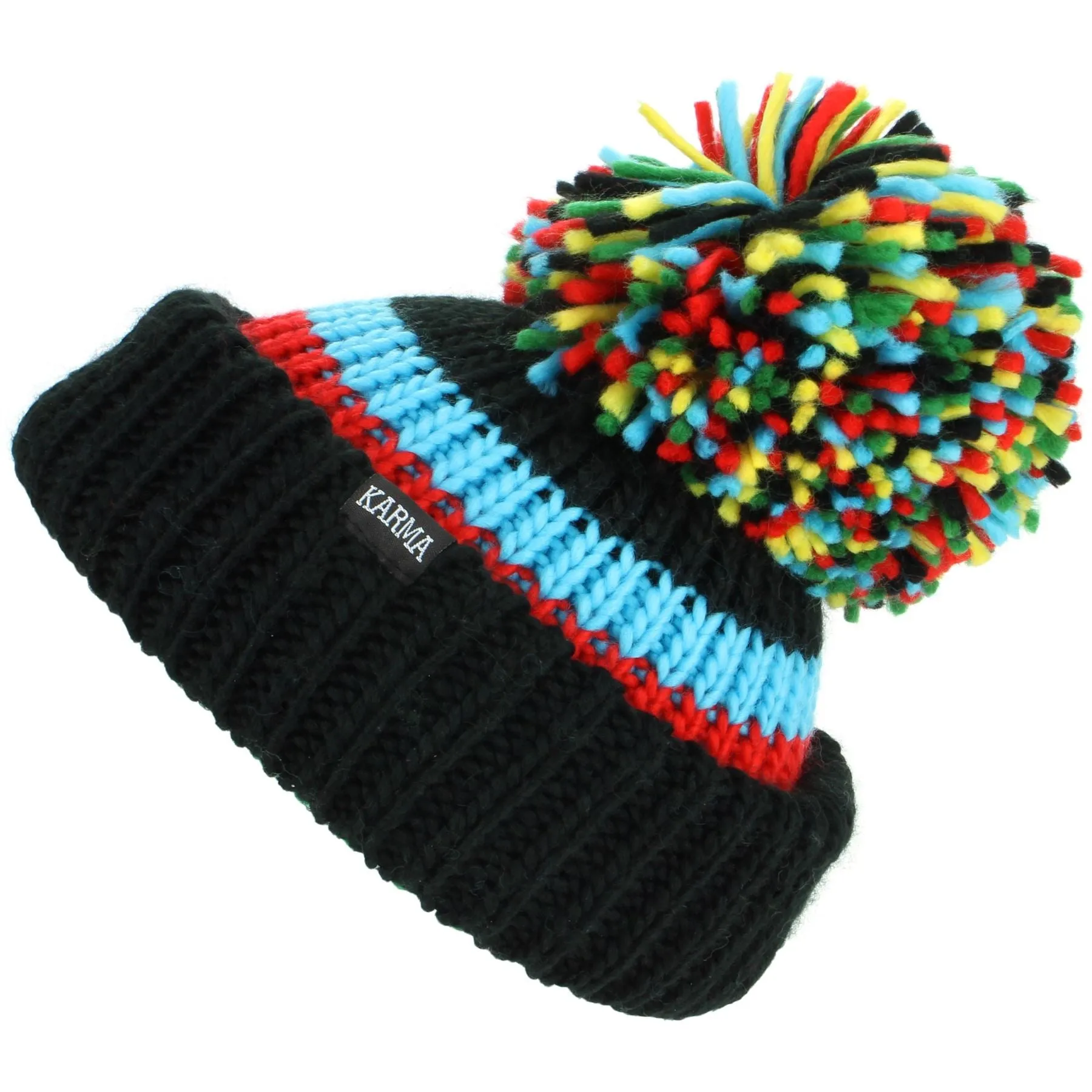 Chunky Acrylic Knit Beanie Hat with a MASSIVE Bobble - Black & Rainbow