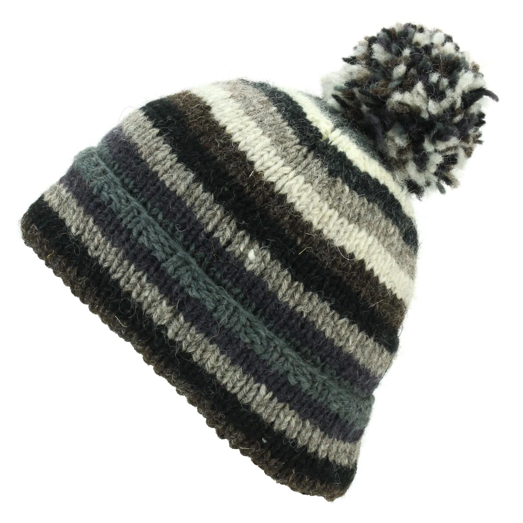 Chunky Wool Knit Beanie Bobble Hat - Stripe Greys