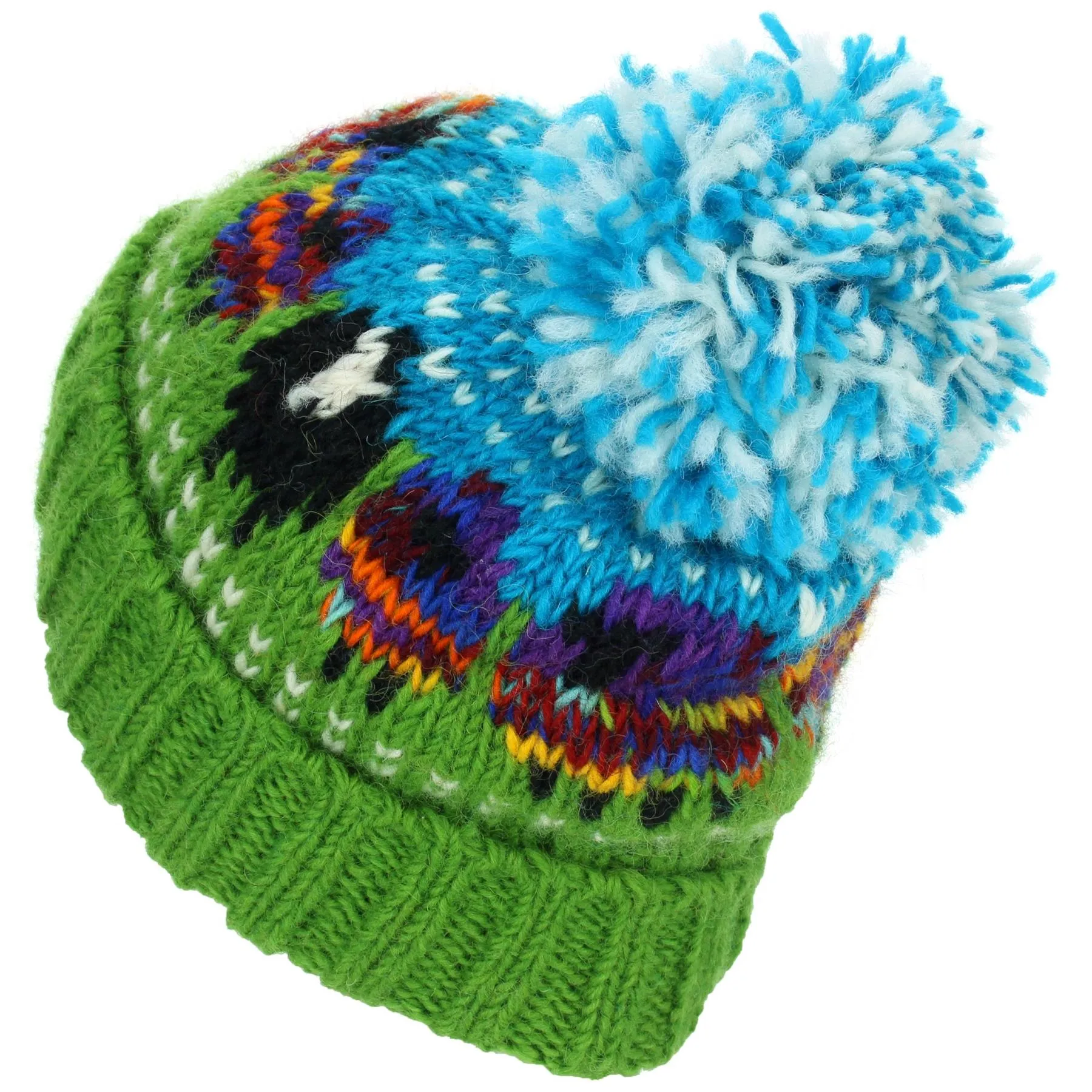 Chunky Wool Knit Beanie Bobble Hat with Sheep Design - Rainbow