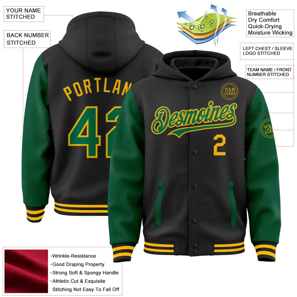 Custom Black Kelly Green-Gold Bomber Full-Snap Varsity Letterman Two Tone Hoodie Jacket