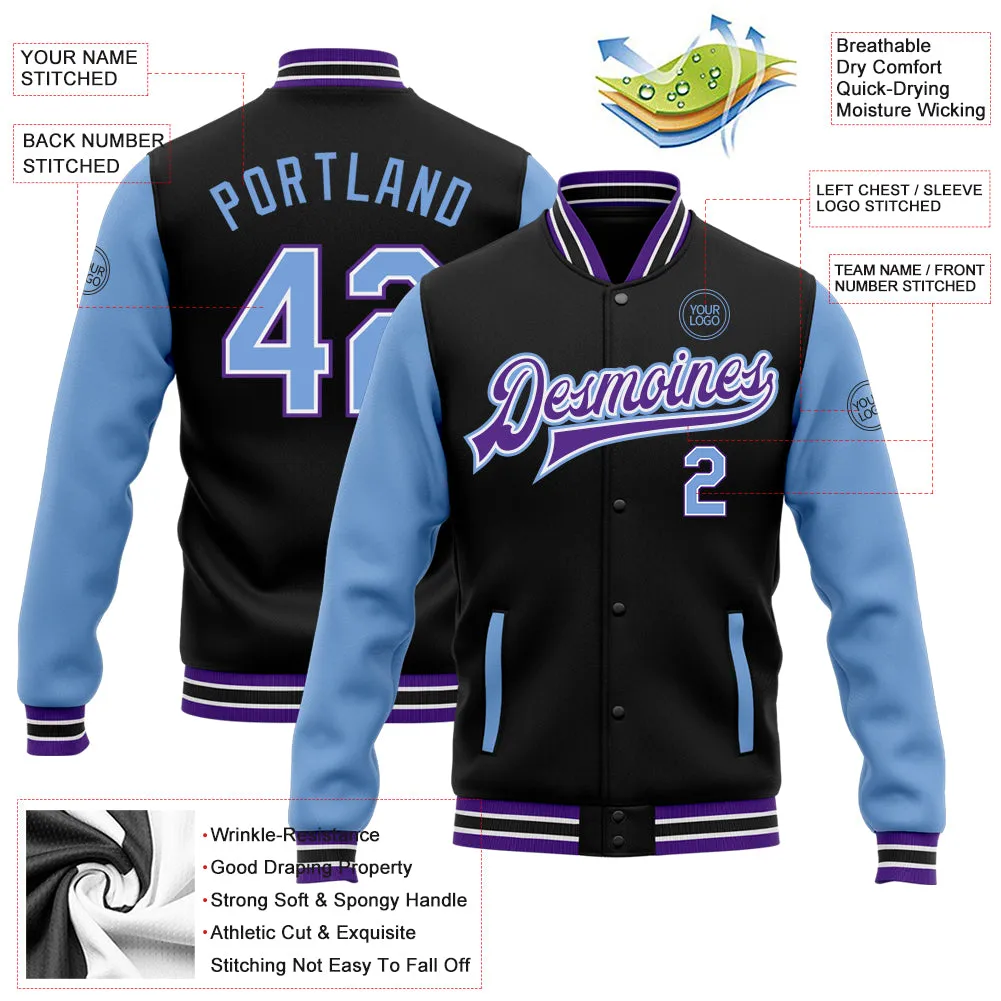 Custom Black Light Blue-Purple Bomber Full-Snap Varsity Letterman Two Tone Jacket