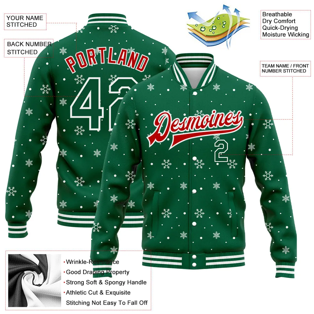 Custom Kelly Green Red-White Christmas 3D Bomber Full-Snap Varsity Letterman Jacket