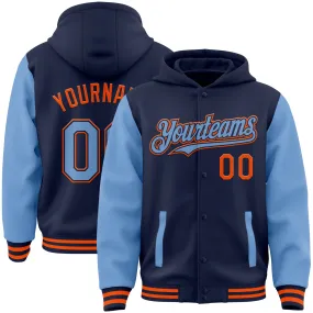 Custom Navy Light Blue-Orange Bomber Full-Snap Varsity Letterman Two Tone Hoodie Jacket