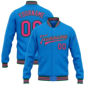 Custom Powder Blue Pink-Kelly Green Bomber Full-Snap Varsity Letterman Jacket