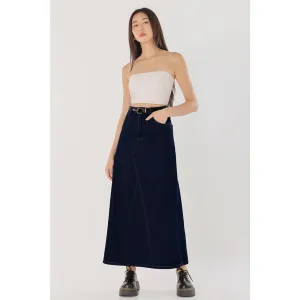 Dark Blue Long Denim Back Slit Skirts