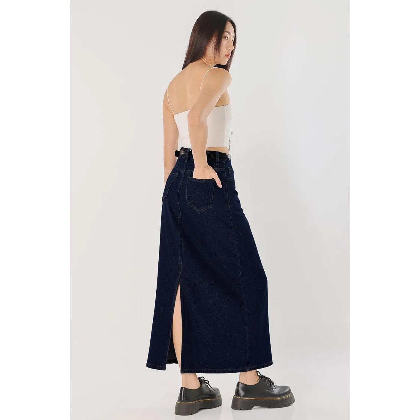 Dark Blue Long Denim Back Slit Skirts