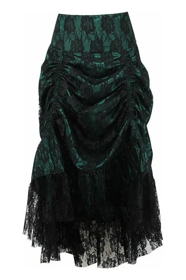 Dark Green w/Black Lace Overlay Ruched Bustle Skirt