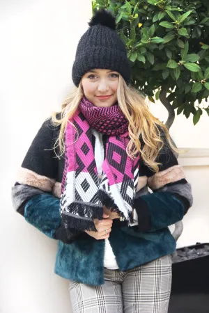 Dark Pink and Black Multi Colour Women's Winter Scarf