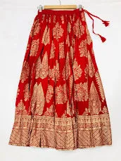 Delightful Red Color Printed Work Rayon Skirt For Women