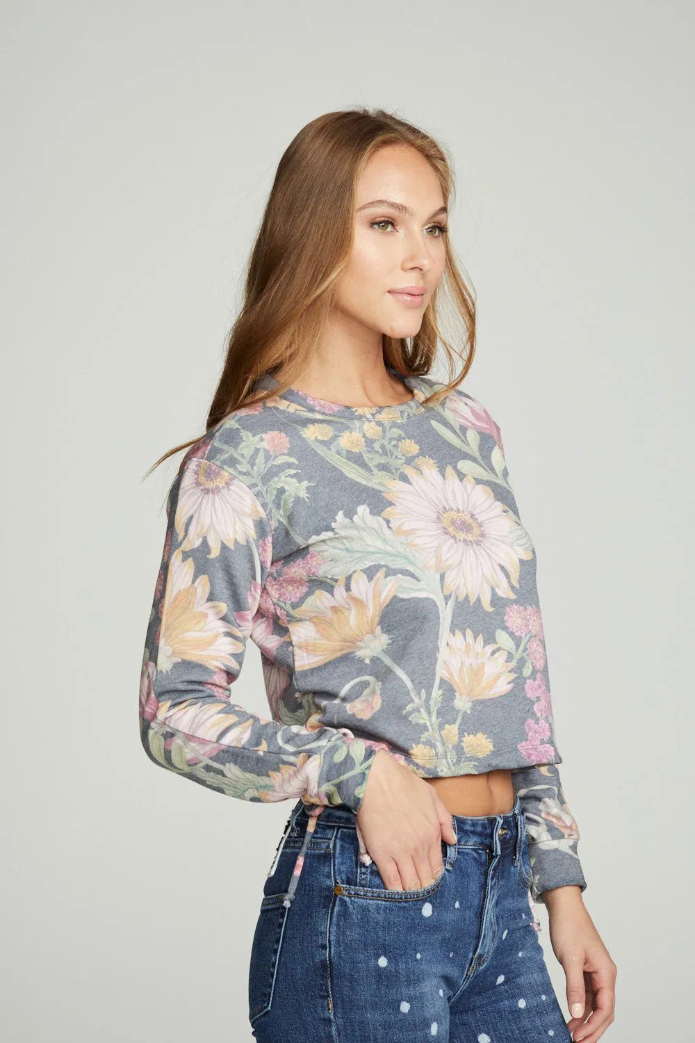 Drawstring Shirred Long Sleeve Cropped Pullover