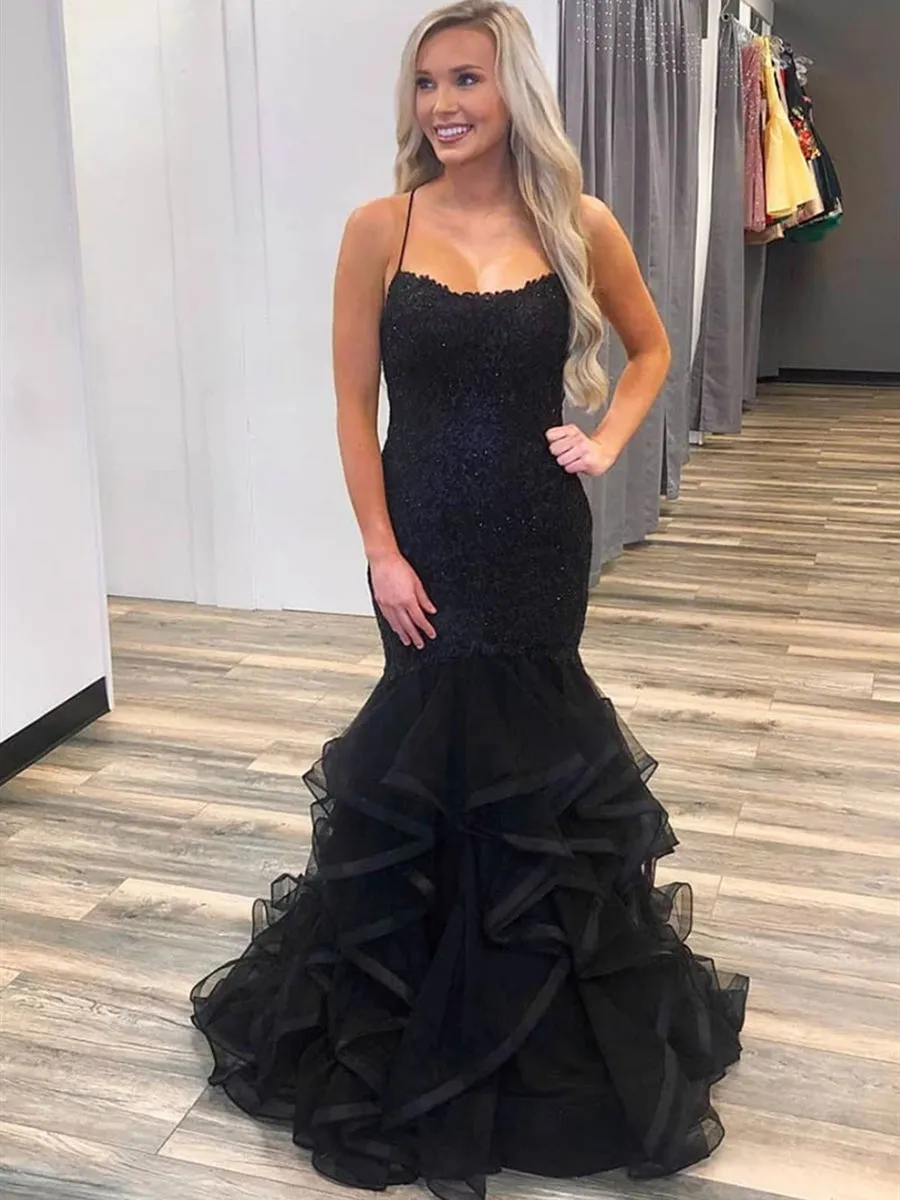 Elegant Mermaid Puffy Black Lace Long Prom, Mermaid Lace Black Formal, Lace Black Evening