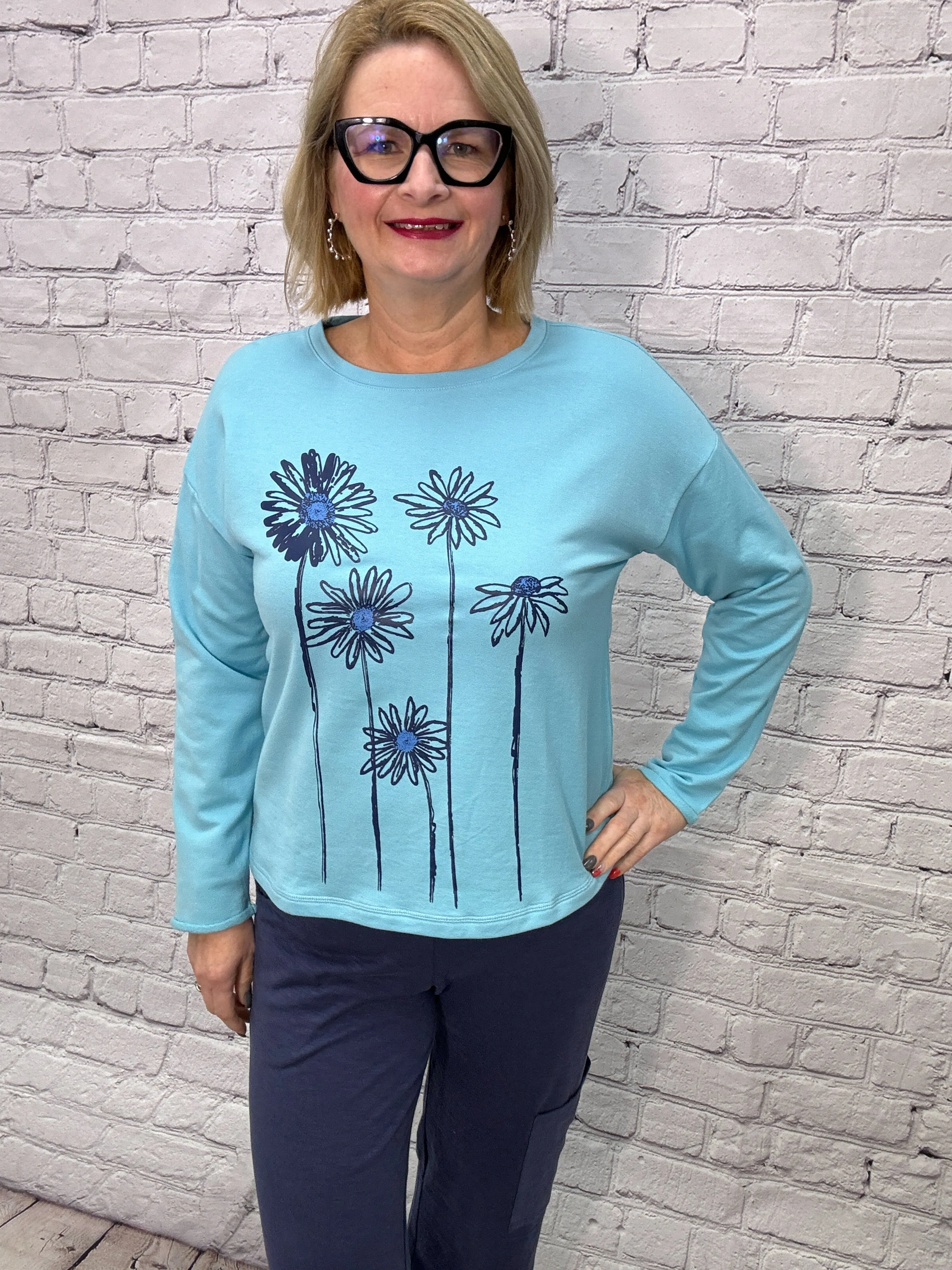 Escape by Habitat Daisy Stems Pullover Sweatshirt E44401-Sky