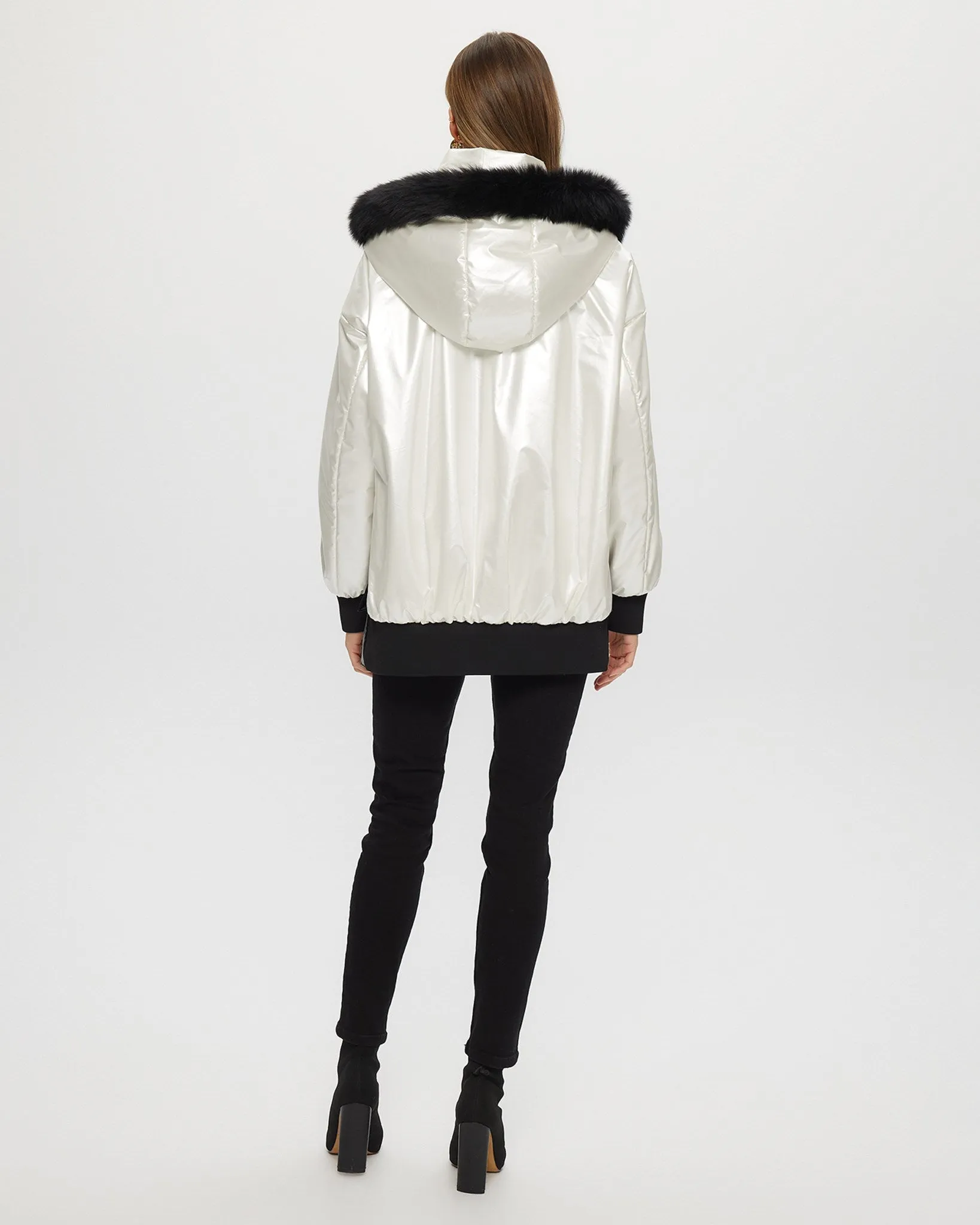 FABRIC JACKET WITH DETACHABLE SHEARLING LAMB HOOD TRIM