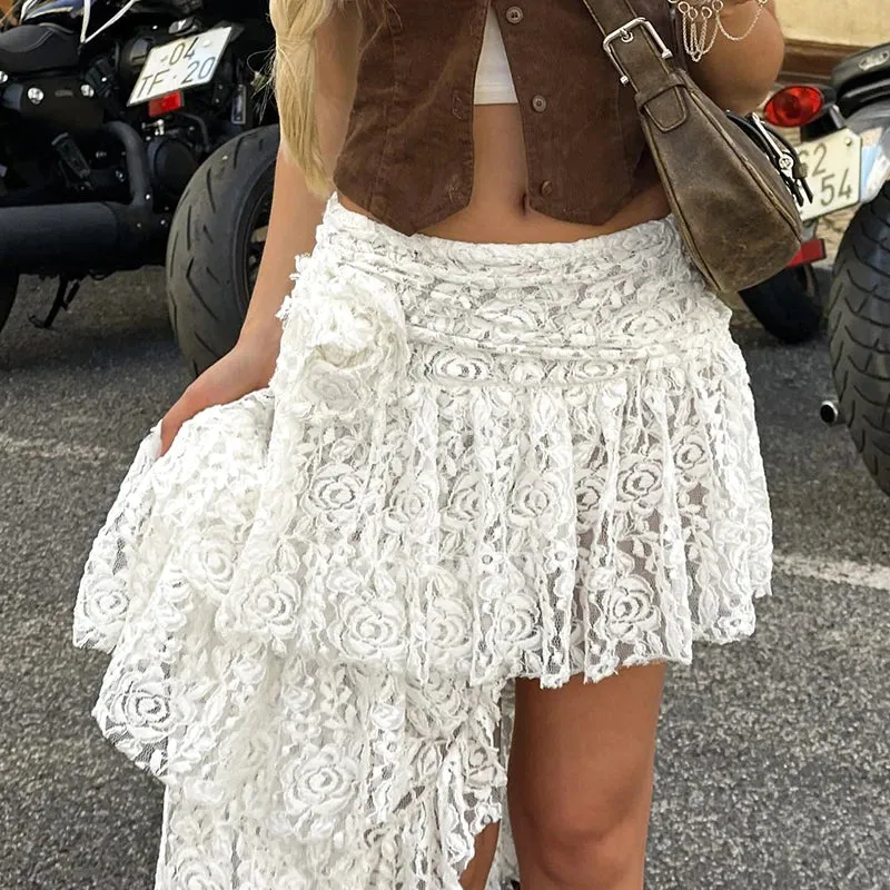 Fashion Design White Summer Lace Skirt Female Asymmetrical Romantic Ruffles Short Skirts Flower Fold Party Retro