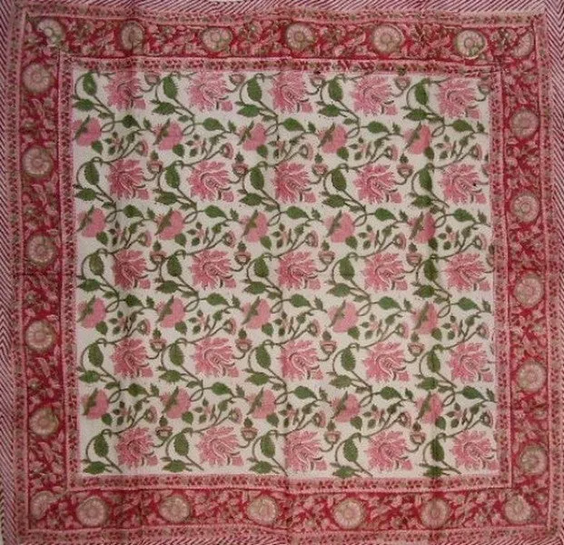 Floral Block Print Scarf Soft Light Cotton 42 x 42 Red n Pink