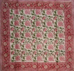 Floral Block Print Scarf Soft Light Cotton 42 x 42 Red n Pink