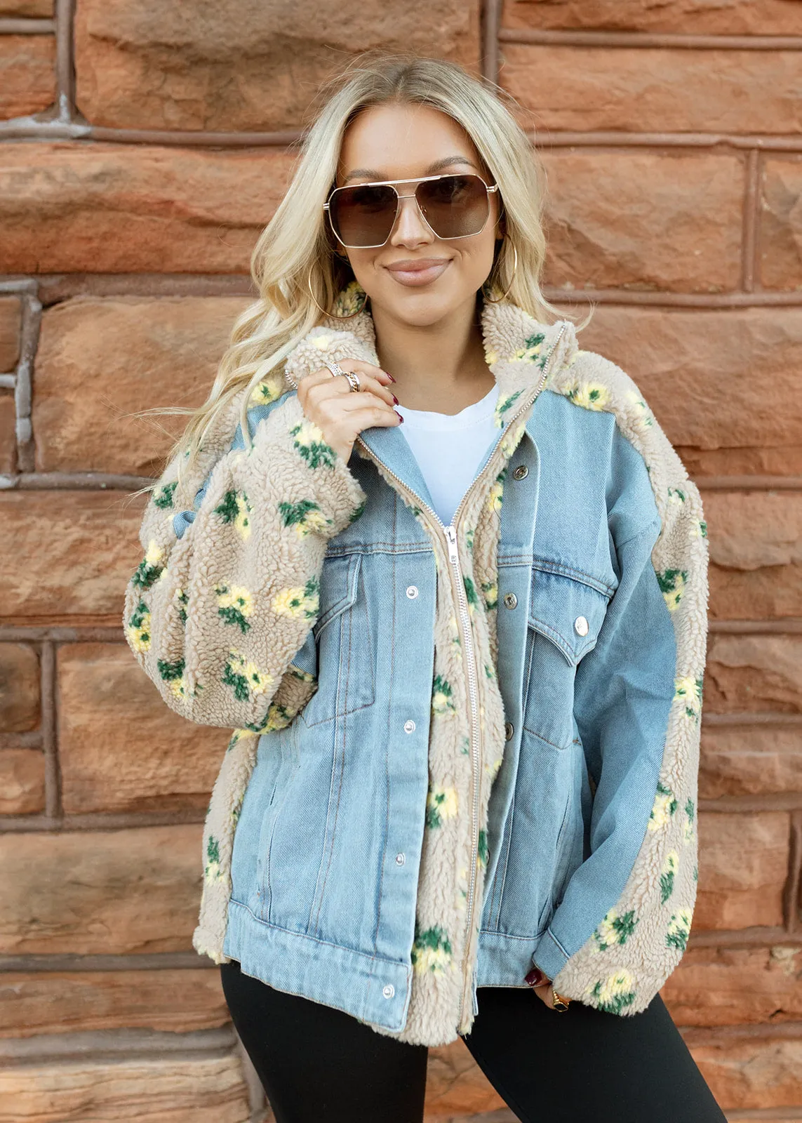 Floral Shearling & Denim Jacket