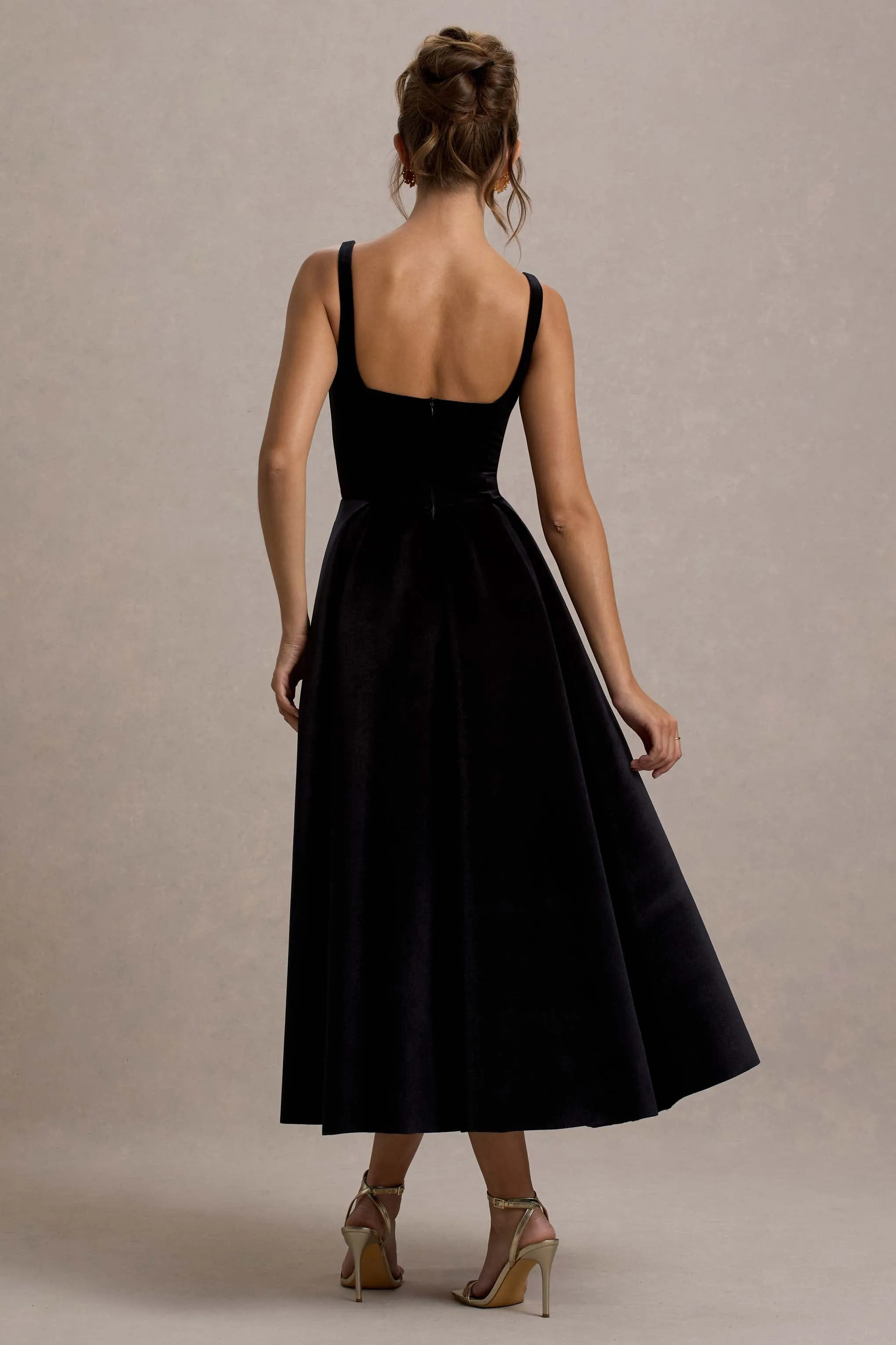 Francisca | Black Velvet Strappy Volume-Hem Maxi Dress