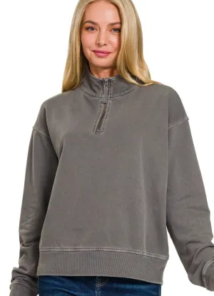 French Terry Half Zip Pullover in Black by Zenana