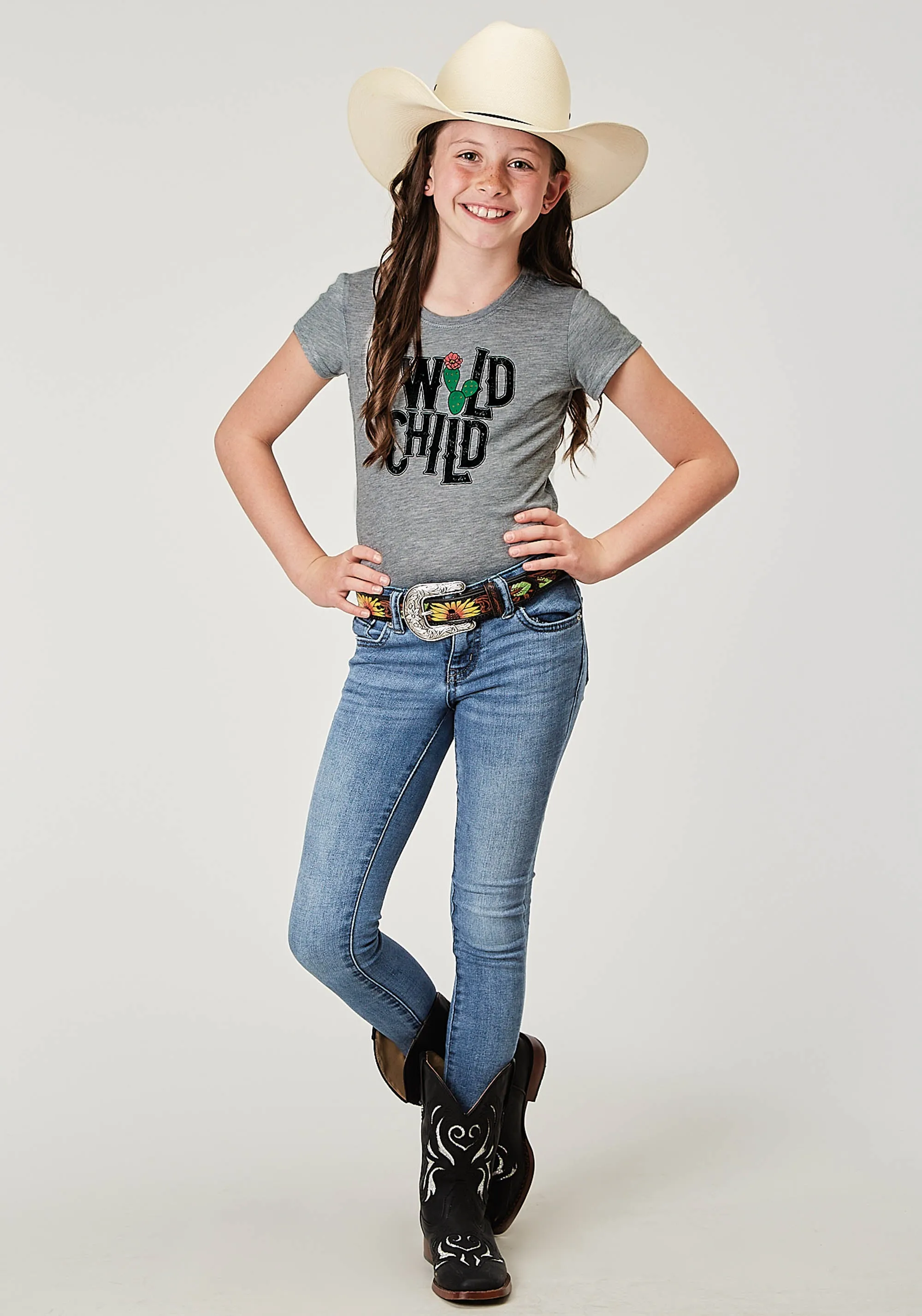 GIRLS SHORT SLEEVE POLY RAYON GREY WESTERN T SHIRT WITH SCREEN PRINT DECORATION