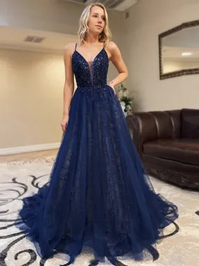 Gorgeous Deep V Neck Sequins Backless Navy Blue Lace Long Prom 2020, Backless Navy Blue Lace Formal, Navy Blue Evening