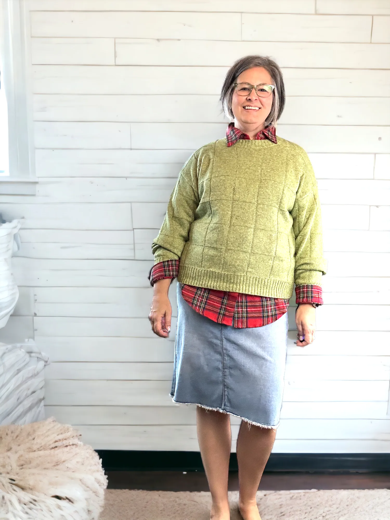 Green Windowpane Pattern Sweater