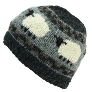 Hand Knitted Wool Beanie Hat - Sheep Charcoal Grey