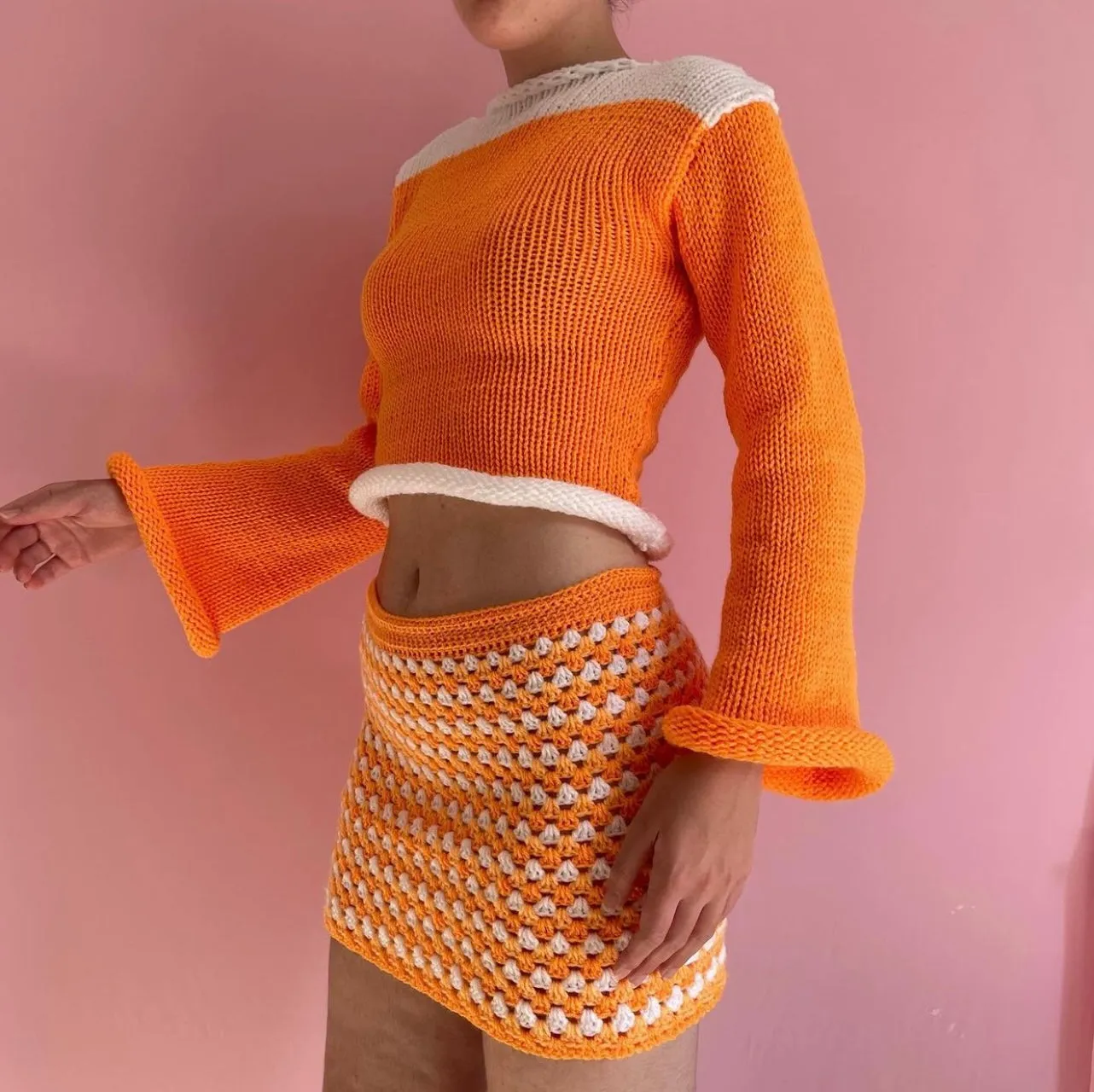 Handmade retro crochet mini skirt in orange and white